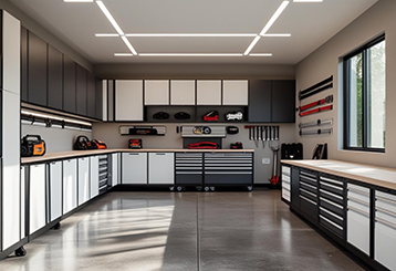 Contemporary Taylorsville garage featuring sleek custom cabinets, organized tools, and bright natural lighting
