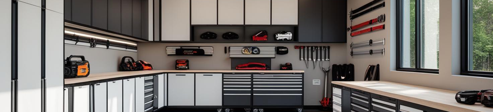 Contemporary Taylorsville garage featuring sleek custom cabinets, organized tools, and bright natural lighting