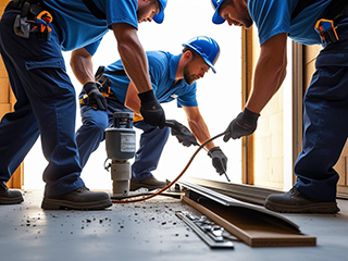 Emergency Garage Door Repair Team in Action Taylorsville UT Technicians in blue uniforms performing emergency garage door repairs with professional tools inside a Taylorsville garage