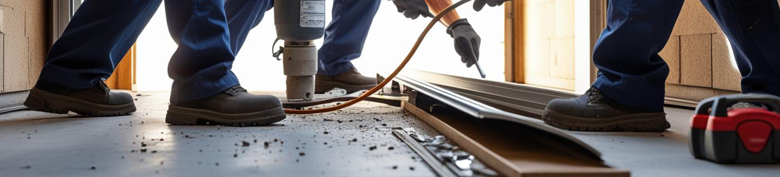 Technicians in blue uniforms performing emergency garage door repairs with professional tools inside a Taylorsville garage