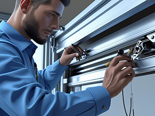 Technician Performing Preventive Garage Door Maintenance in Taylorsville Technician in blue uniform servicing a garage door mechanism with tools, ensuring smooth and safe operation in Taylorsville, UT.