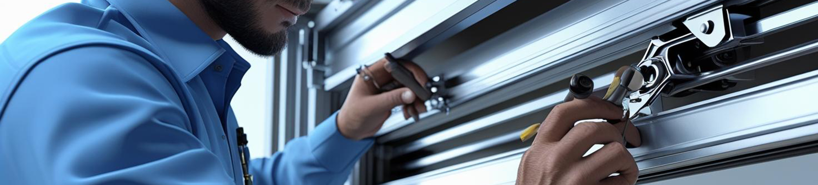 Technician in blue uniform servicing a garage door mechanism with tools, ensuring smooth and safe operation in Taylorsville, UT.