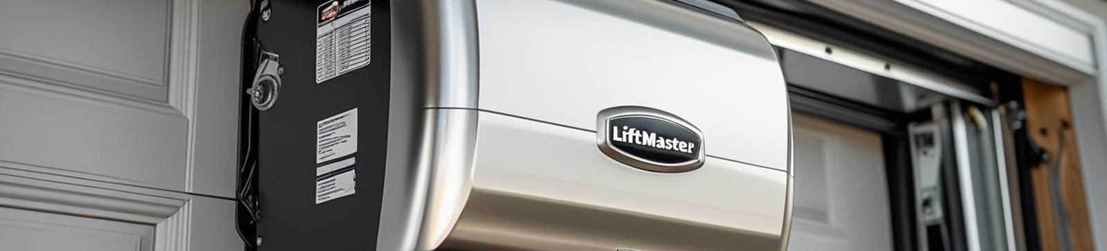 Close-up of a LiftMaster garage door opener professionally installed on a white garage door in Taylorsville, UT