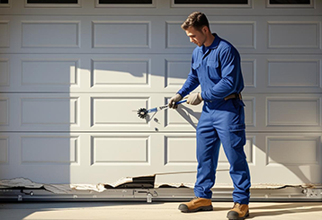 Technician in blue uniform repairing a damaged white garage door panel with specialized tools in Taylorsville, UT