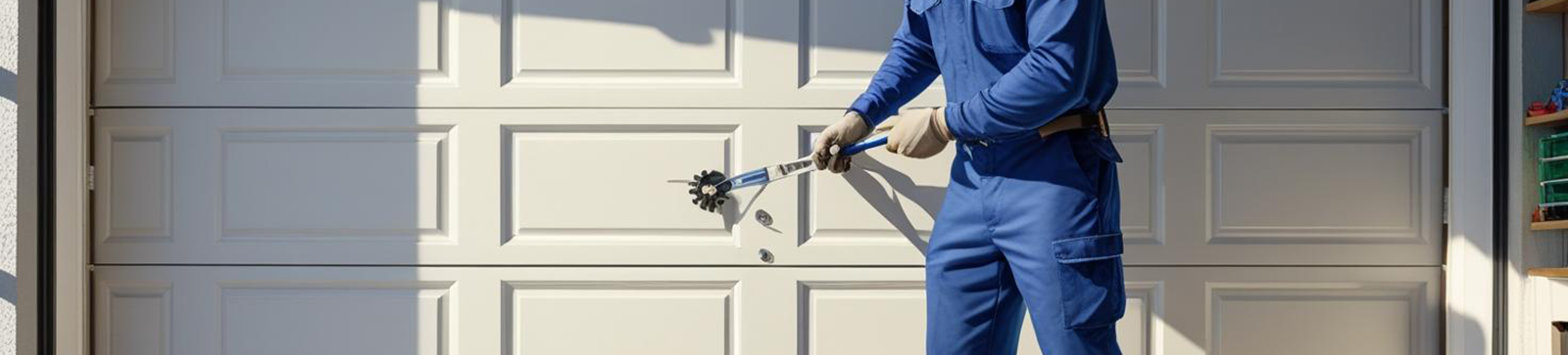 Technician in blue uniform repairing a damaged white garage door panel with specialized tools in Taylorsville, UT