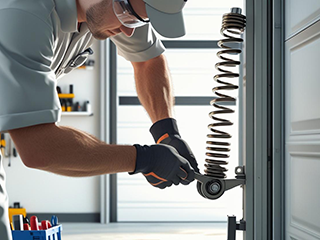 Technician Repairing Garage Door Torsion Spring in Taylorsville Professional technician adjusting a garage door torsion spring inside a Taylorsville garage
