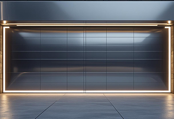 Sleek, high-tech garage door with integrated LED lighting and a metallic finish on a modern home in Taylorsville, Utah