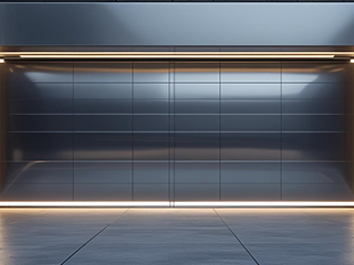 Sleek, high-tech garage door with integrated LED lighting and a metallic finish on a modern home in Taylorsville, Utah