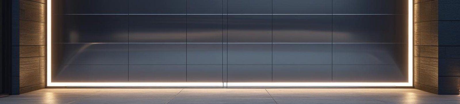 Sleek, high-tech garage door with integrated LED lighting and a metallic finish on a modern home in Taylorsville, Utah