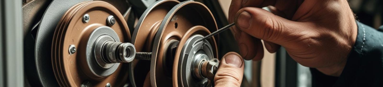 Close-up of a technician’s hands repairing a garage door mechanism, symbolizing expert advice and innovation for Taylorsville homeowners