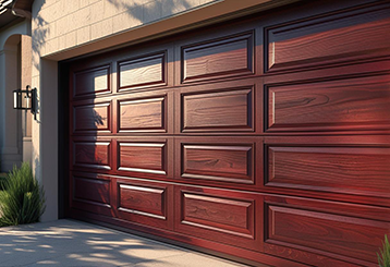 Close-up of a rich, wood-grain garage door on a contemporary home in Taylorsville, Utah, with manicured landscaping.