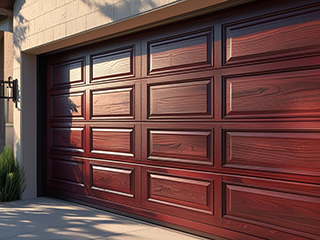 Elegant Wood-Style Garage Door on Modern Taylorsville Home Close-up of a rich, wood-grain garage door on a contemporary home in Taylorsville, Utah, with manicured landscaping.