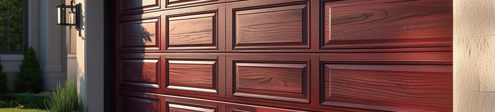 Close-up of a rich, wood-grain garage door on a contemporary home in Taylorsville, Utah, with manicured landscaping.