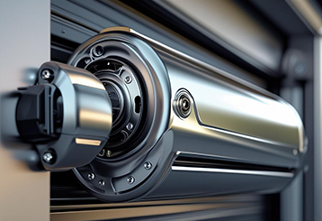 High-tech, metallic garage door opener system with advanced motor and security features, installed in a modern garage.