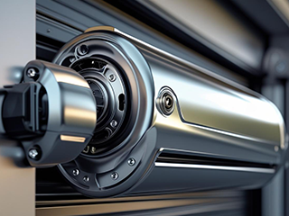 Close-up of Modern Smart Garage Door Opener Mechanism High-tech, metallic garage door opener system with advanced motor and security features, installed in a modern garage.
